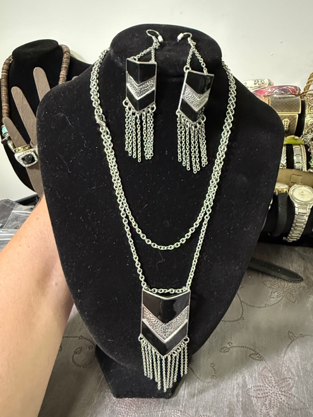Silver-Tone Black Chevron Costume Pendant Necklace & Fringe Earrings Set